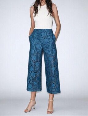 Zara NWT Blue Floral Lace Cropped Trousers Wide Leg Pants XS